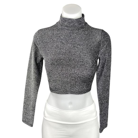 Forever 21 Silver Metallic Glitter Mock Neck Long Sleeves Pullover Crop Top S - Picture 1 of 5
